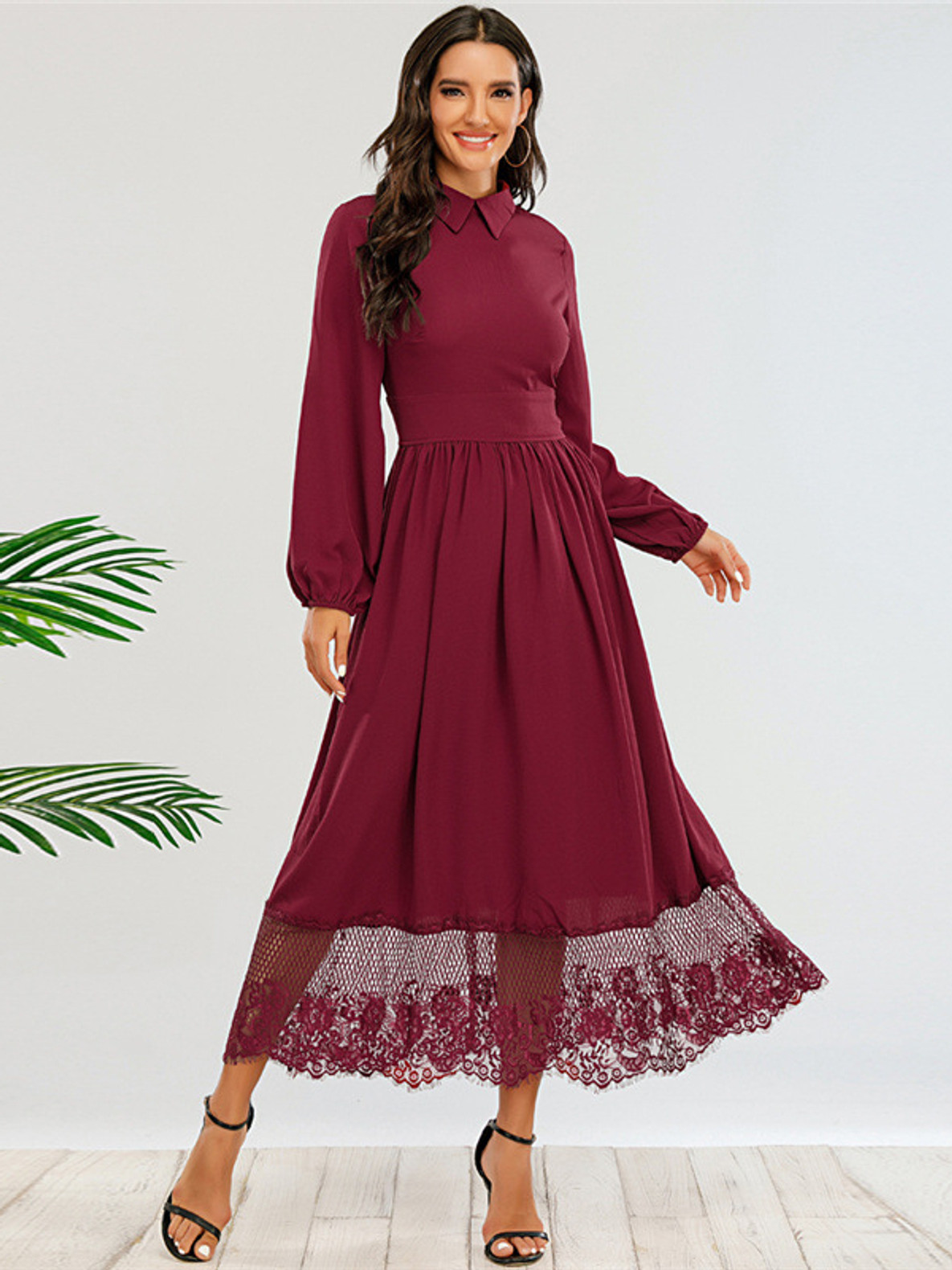 Long Sleeve Fit Flare Lace A Line Midi ...